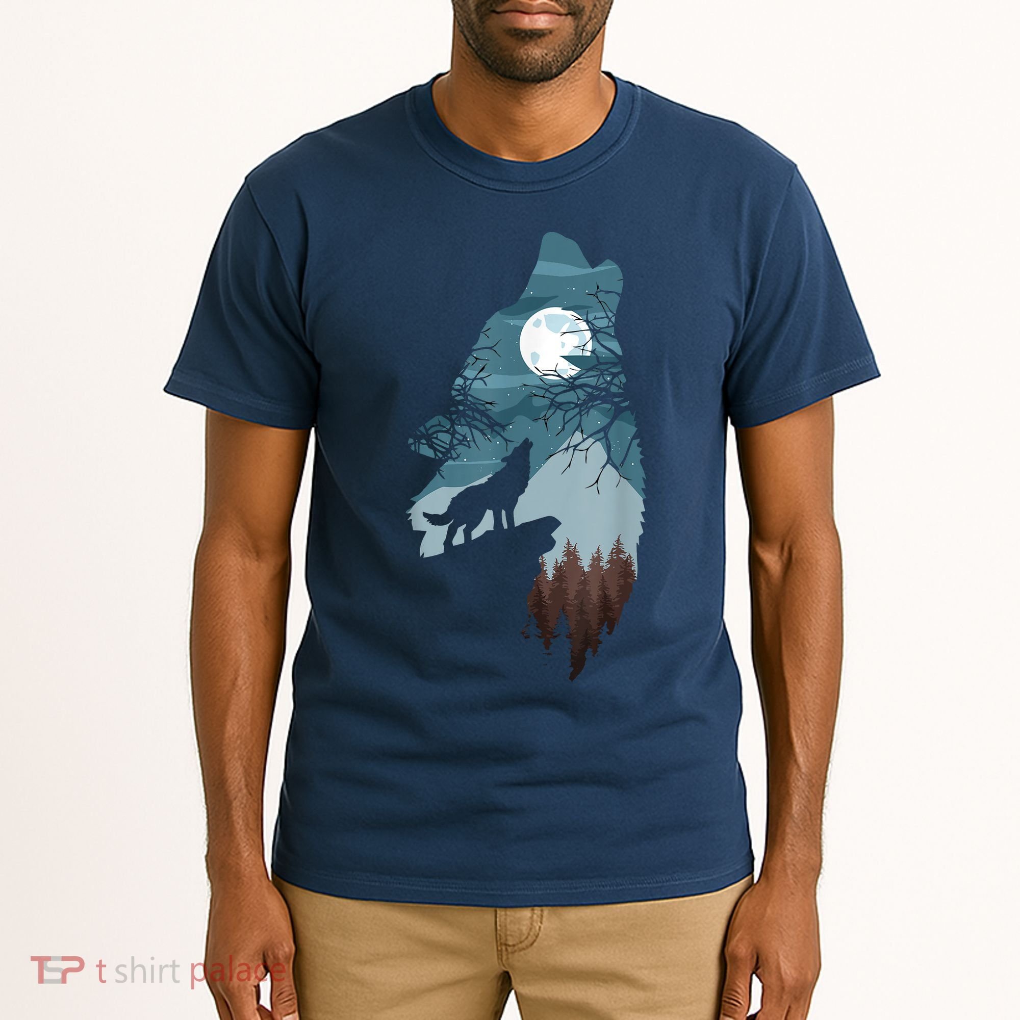 Forest With FullMoon And Cliff Of Silhouette Howling Tall T-Shirt