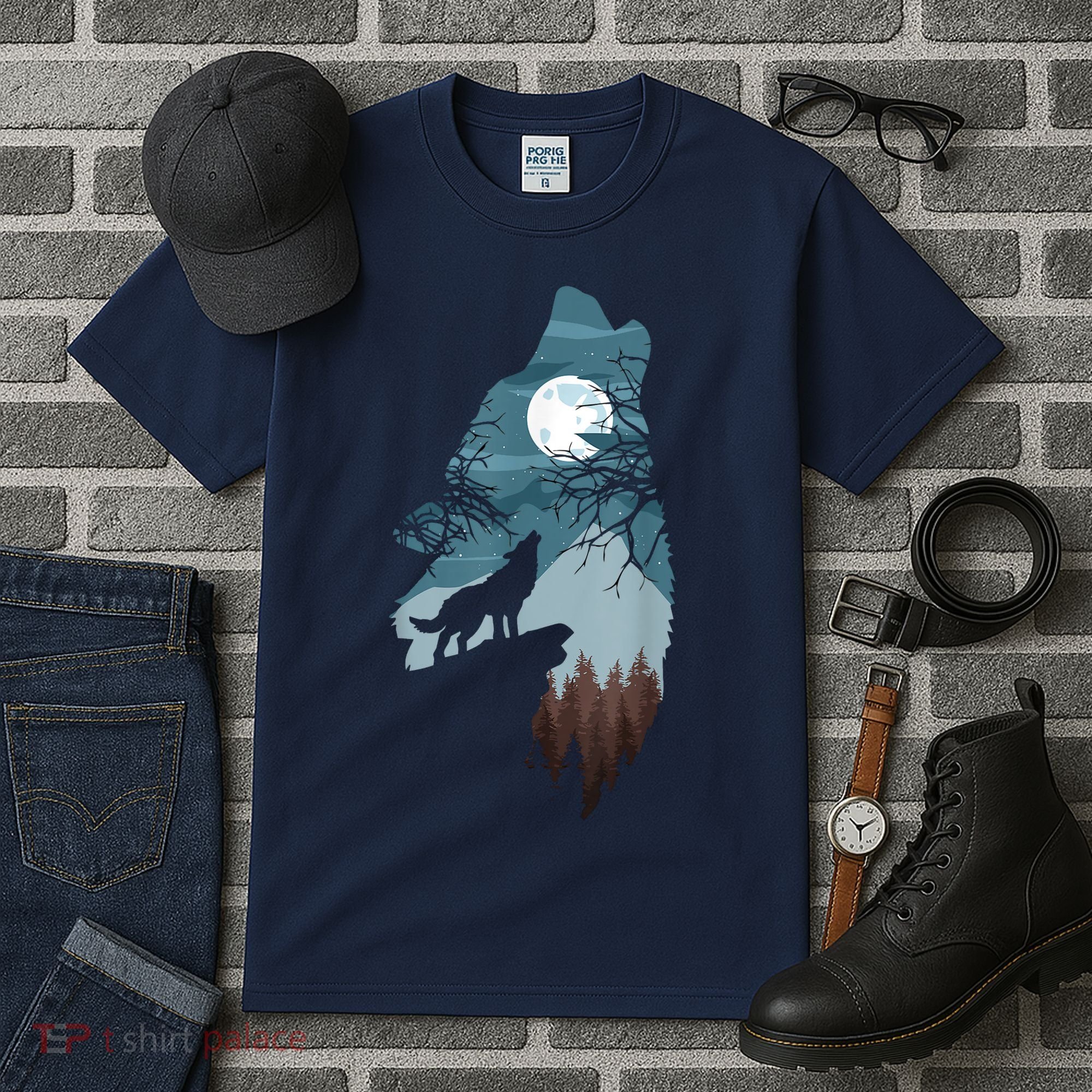Forest With FullMoon And Cliff Of Silhouette Howling Tall T-Shirt