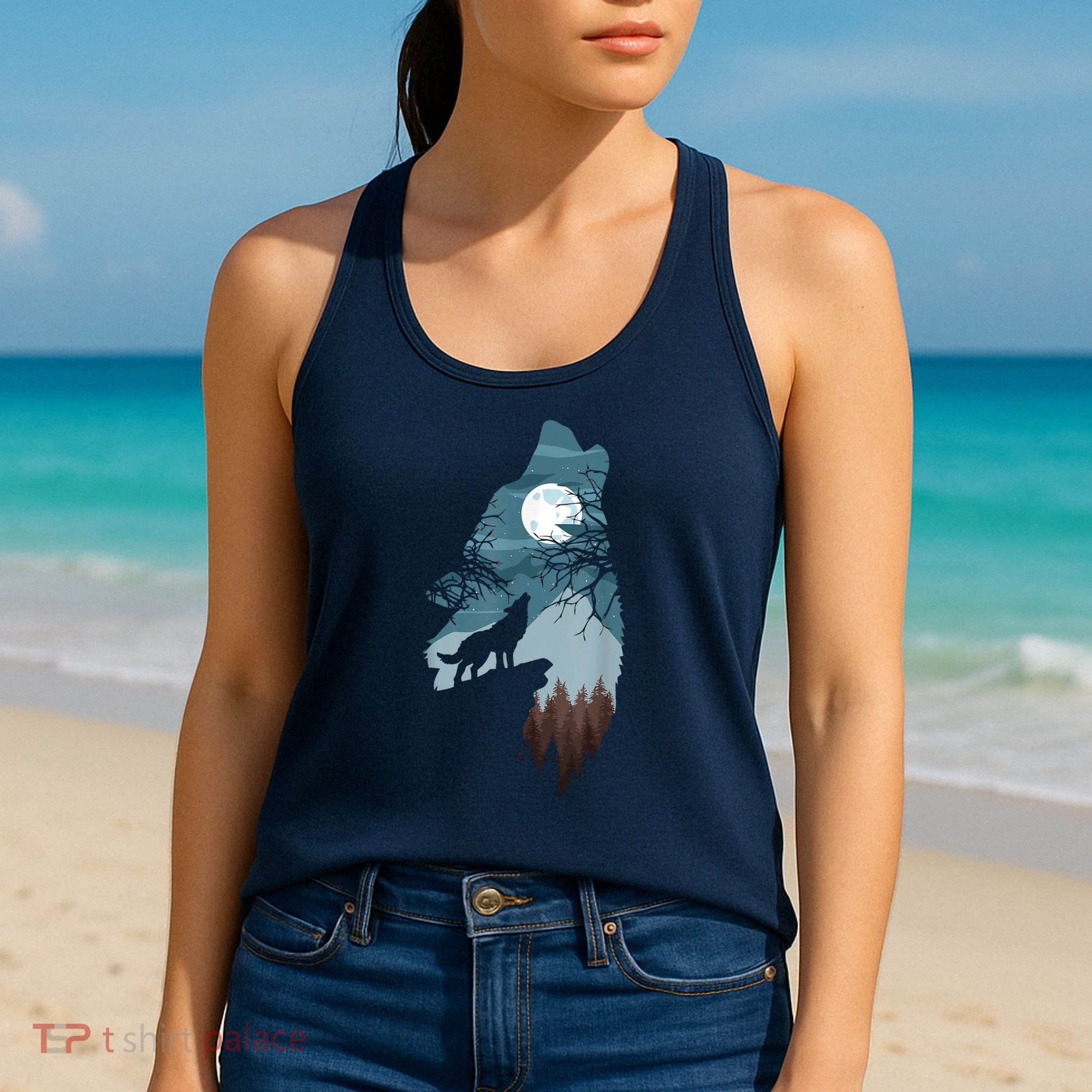 Forest With FullMoon And Cliff Of Silhouette Howling Women's Tank Top