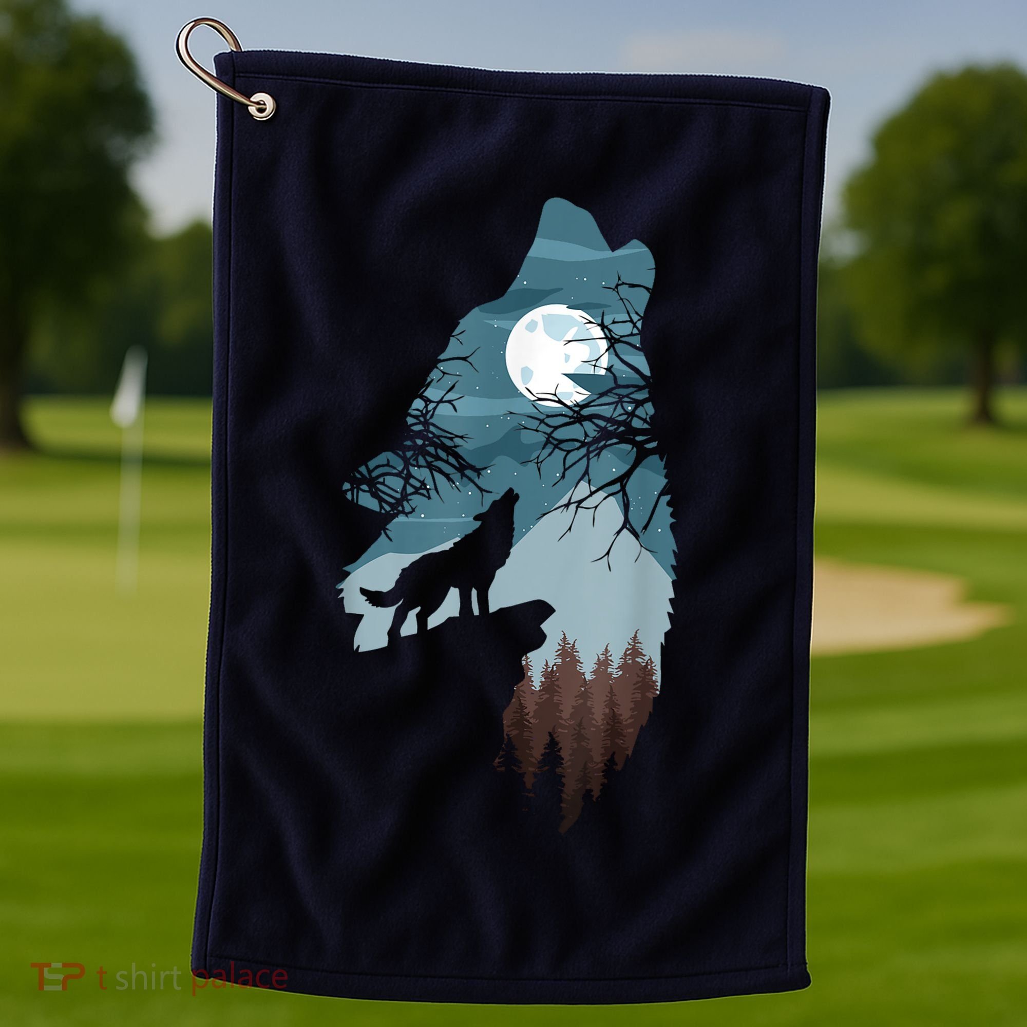 Forest With FullMoon And Cliff Of Silhouette Howling Golf Towel