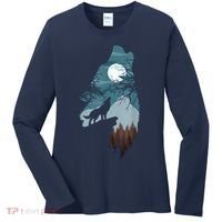 Forest With FullMoon And Cliff Of Silhouette Howling Women's Long Sleeve Shirt thumb 0