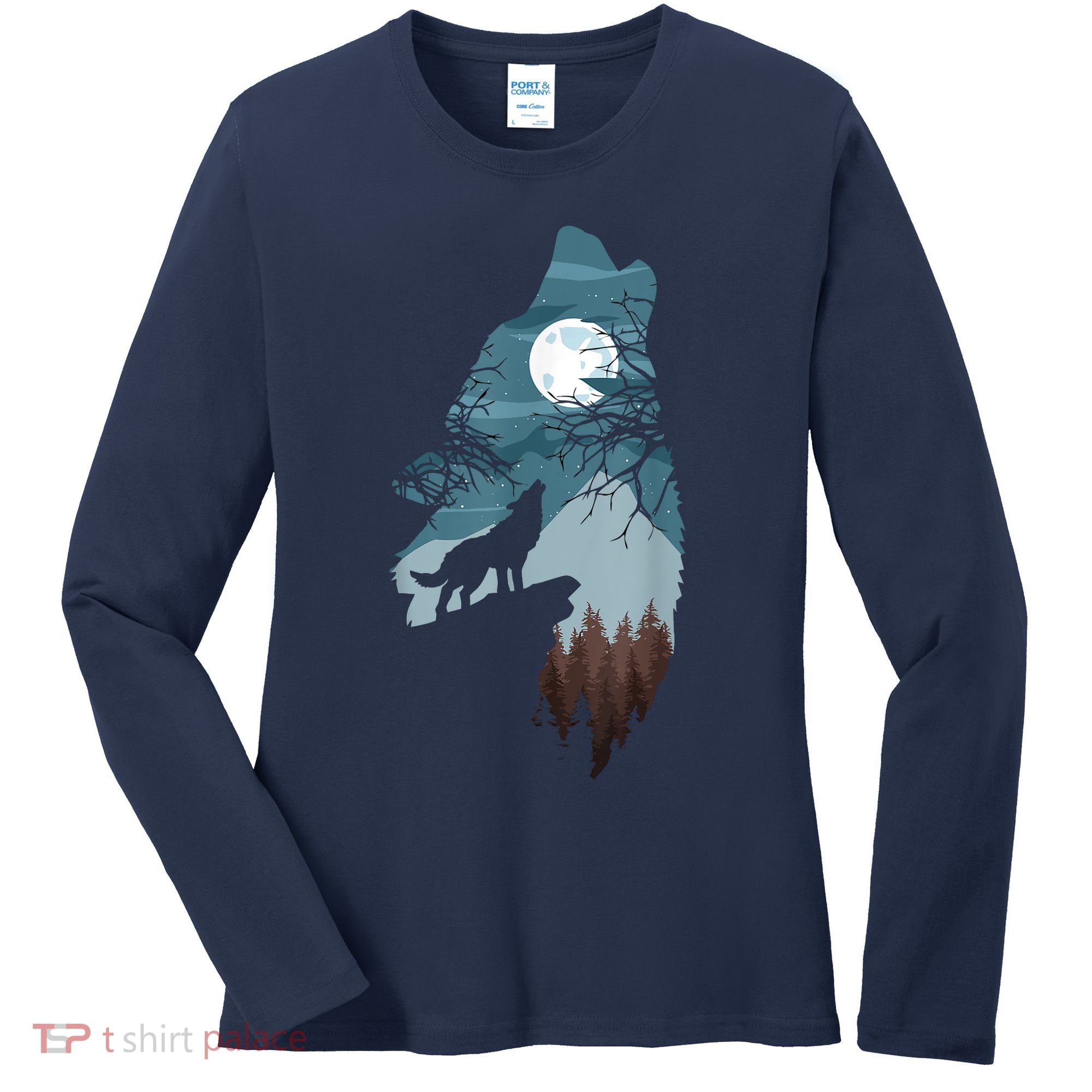 Forest With FullMoon And Cliff Of Silhouette Howling Women's Long Sleeve Shirt