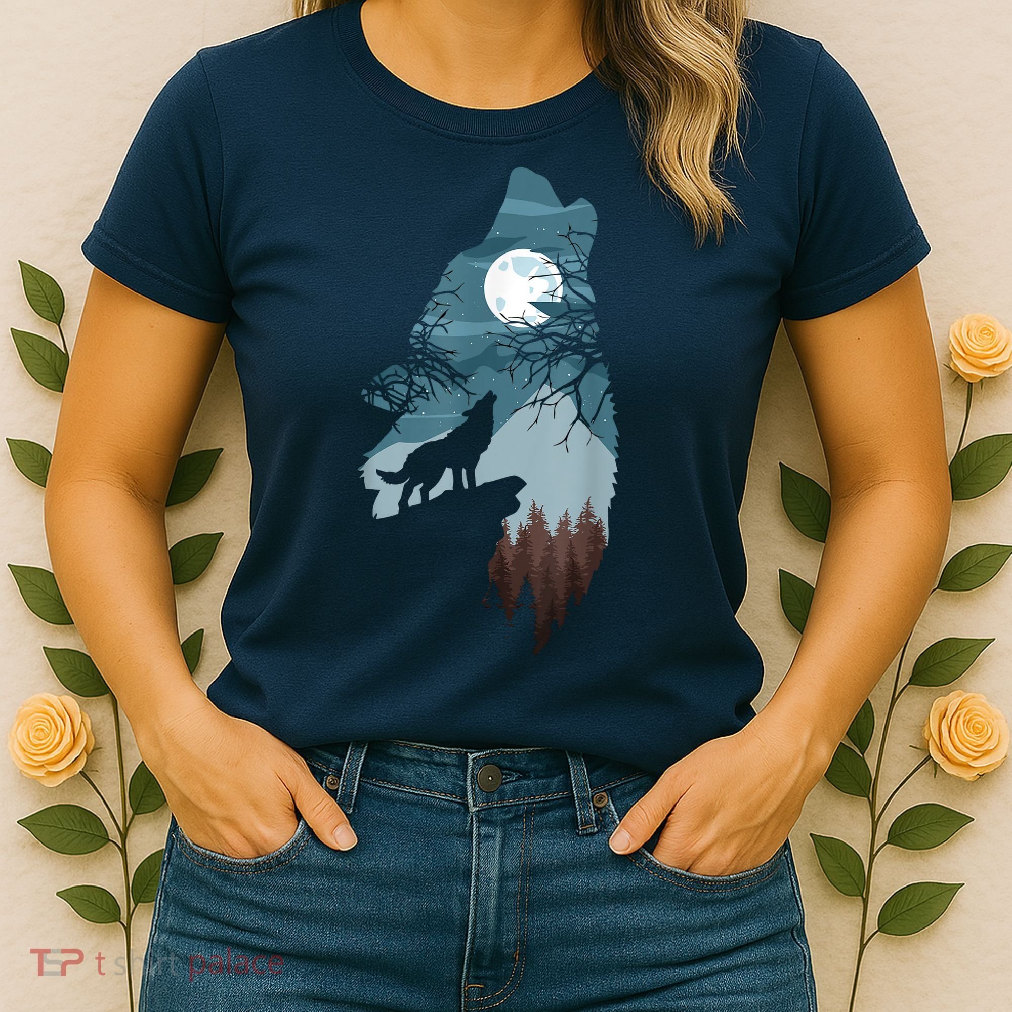 Forest With FullMoon And Cliff Of Silhouette Howling Women's T-Shirt