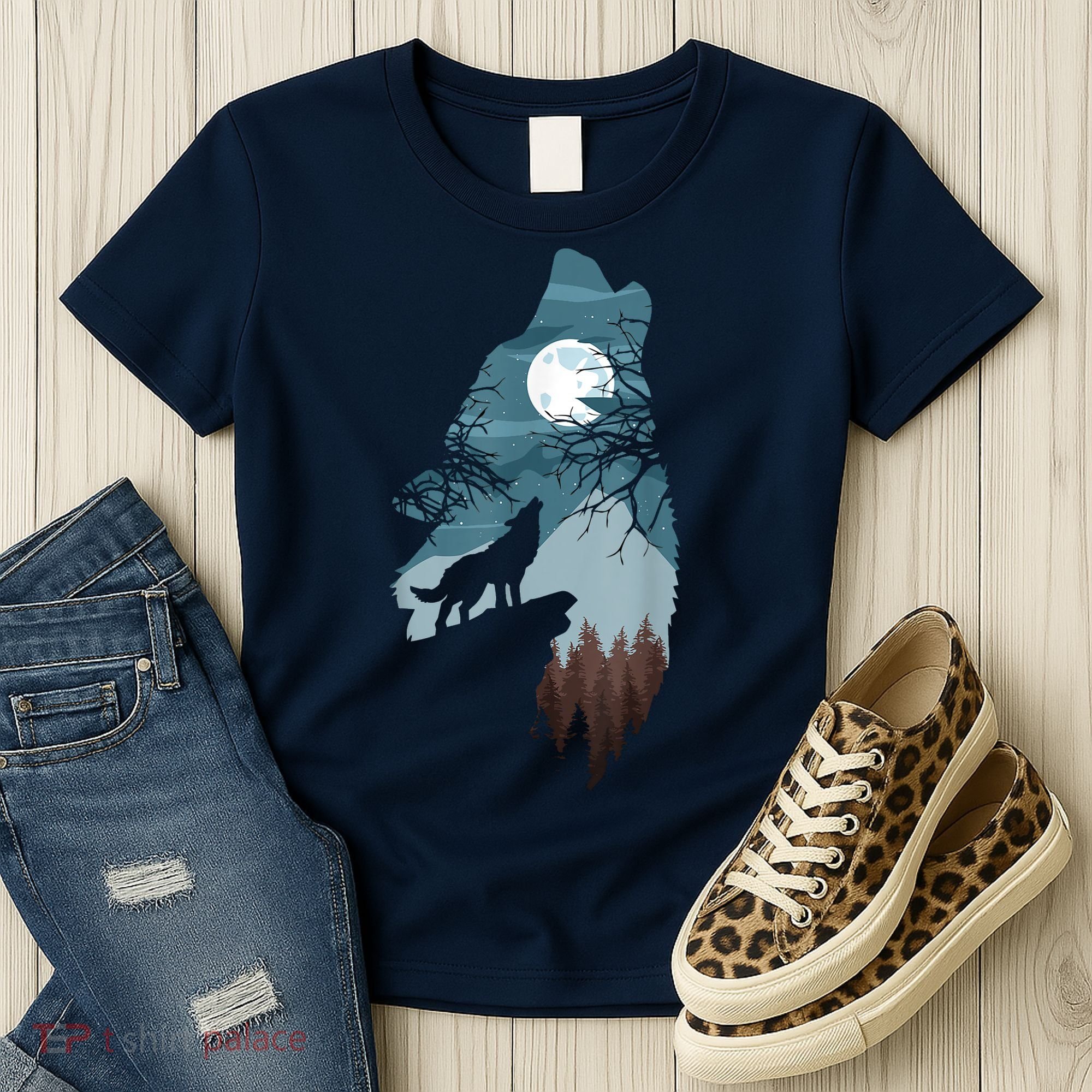 Forest With FullMoon And Cliff Of Silhouette Howling Women's T-Shirt