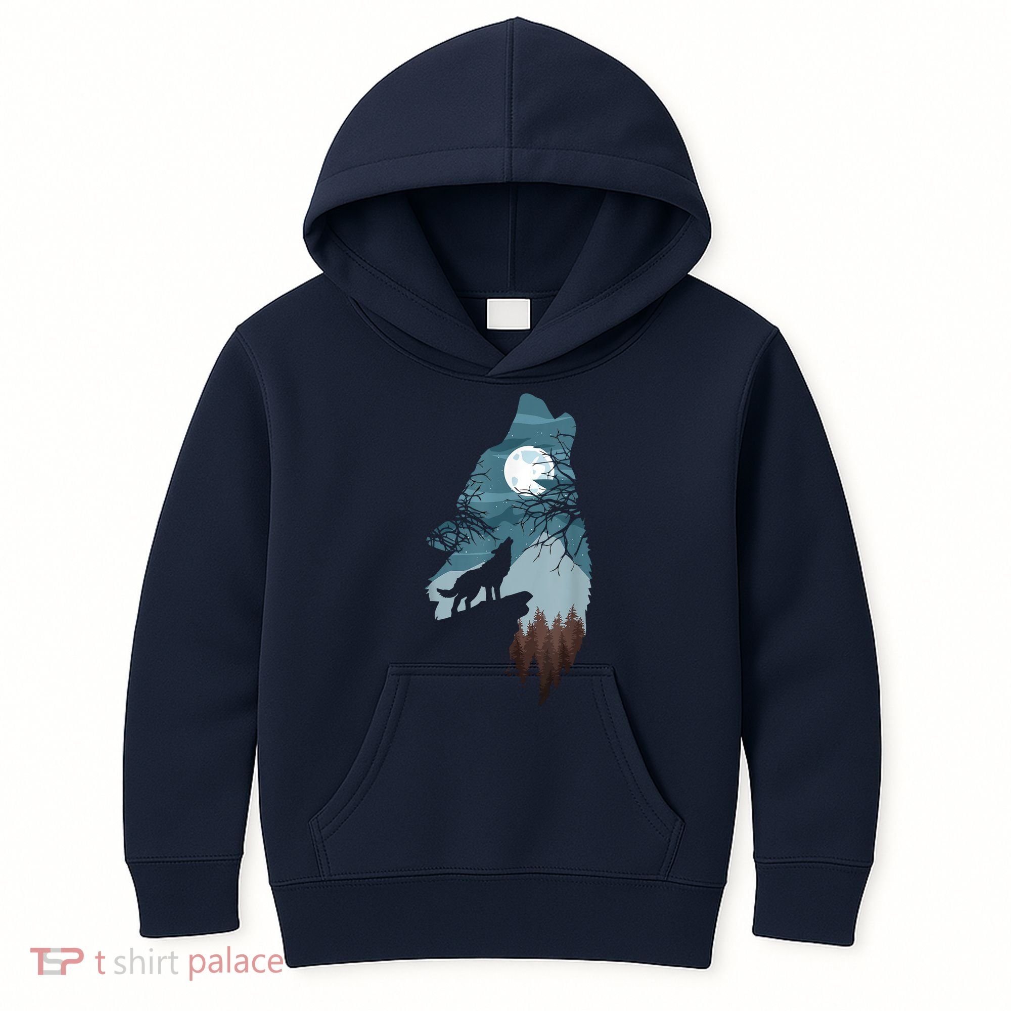 Forest With FullMoon And Cliff Of Silhouette Howling Kids Hoodie