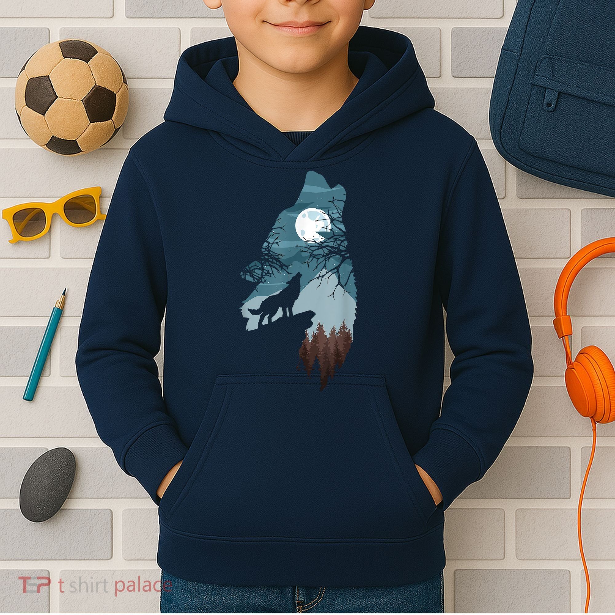 Forest With FullMoon And Cliff Of Silhouette Howling Kids Hoodie