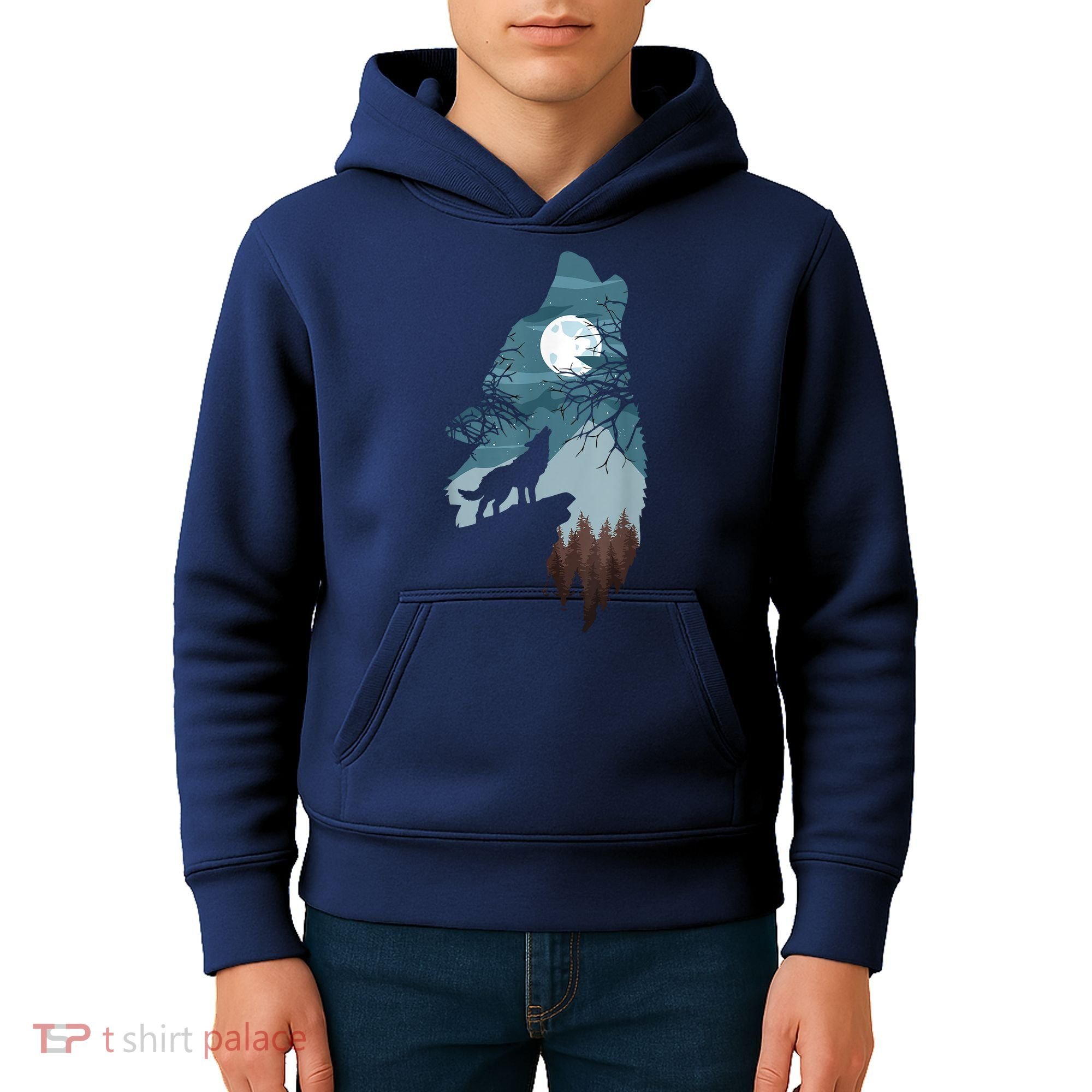 Forest With FullMoon And Cliff Of Silhouette Howling Kids Hoodie