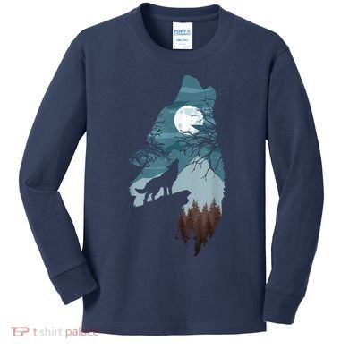 Forest With FullMoon And Cliff Of Silhouette Howling Kids Long Sleeve Shirt