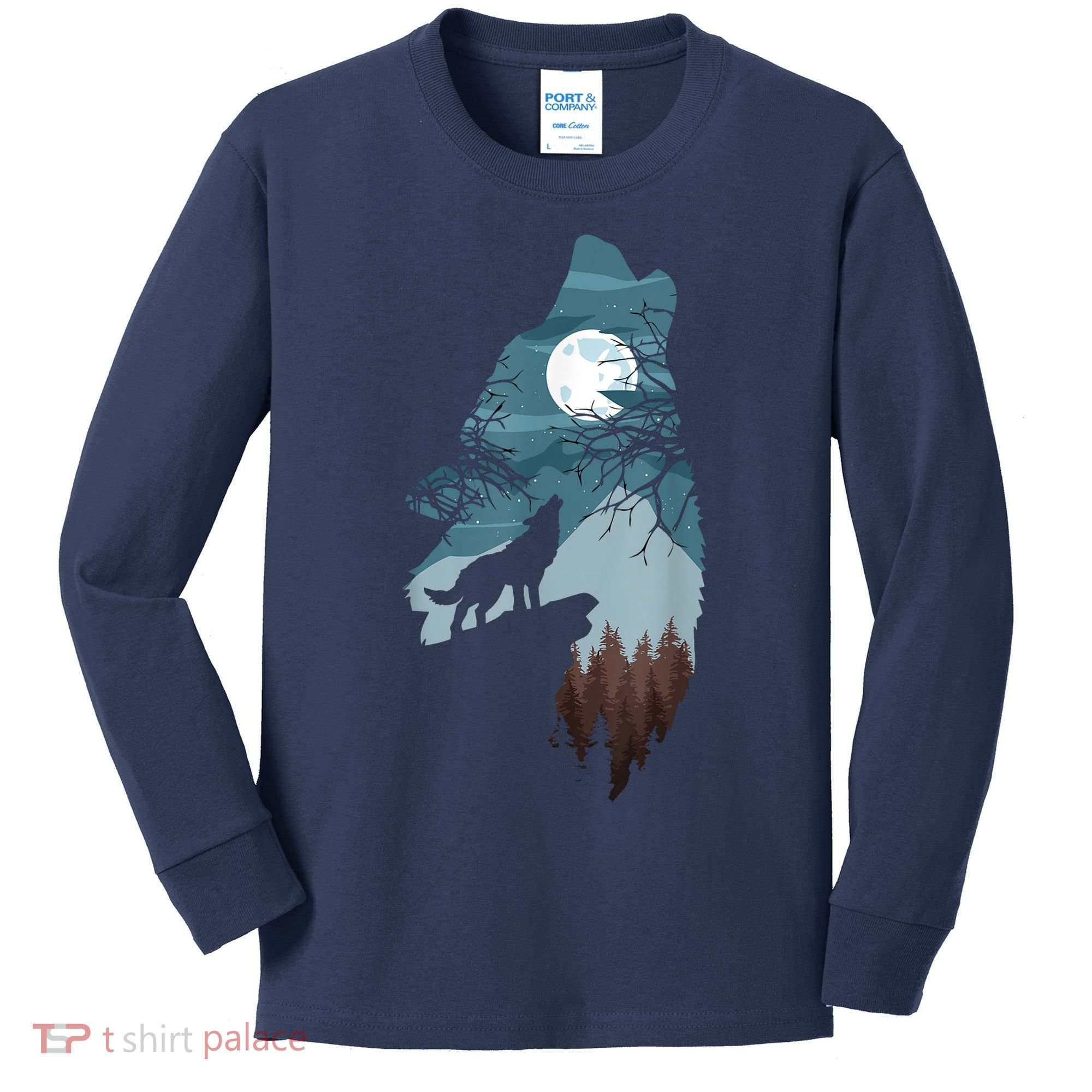 Forest With FullMoon And Cliff Of Silhouette Howling Kids Long Sleeve Shirt