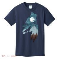 Forest With FullMoon And Cliff Of Silhouette Howling Kids T-Shirt thumb 0