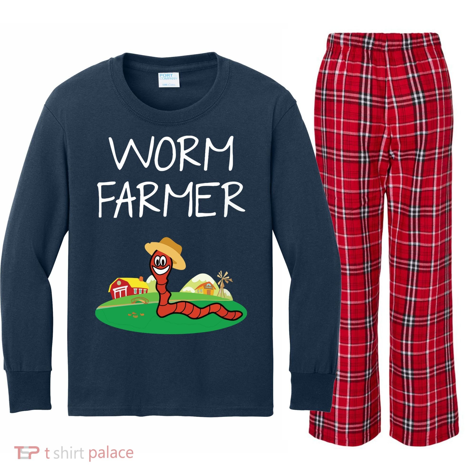 Funny Worm Farm Worm Vermiculture Kids Long Sleeve Plaid Pajama Set