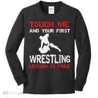 Funny Wrestling Gift First Lesson Is Free Wrestler Gift Kids Long Sleeve Shirt thumb 0