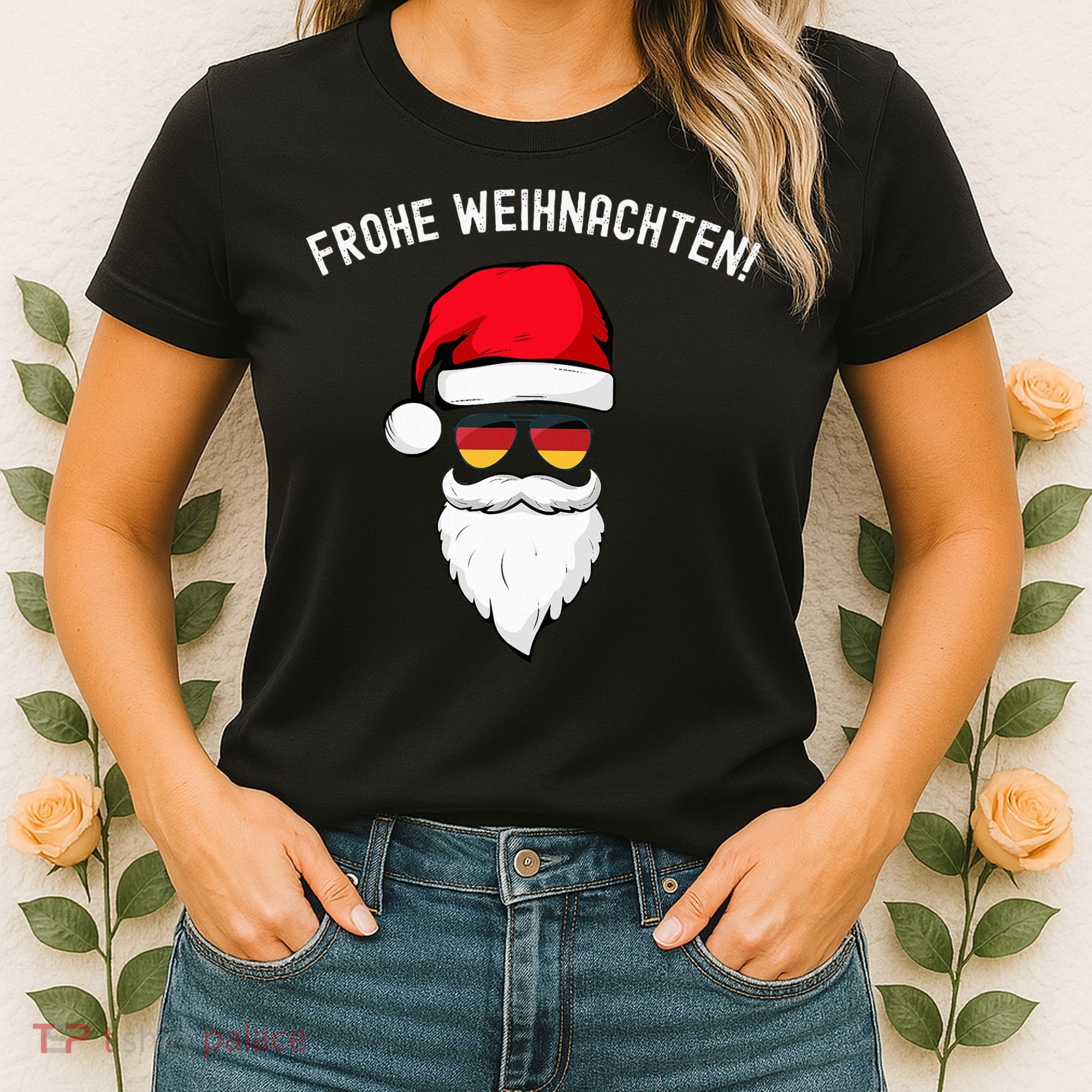 Frohe Weihnachten! German Santa Hat Germany Flag Sunglasses Women's T-Shirt