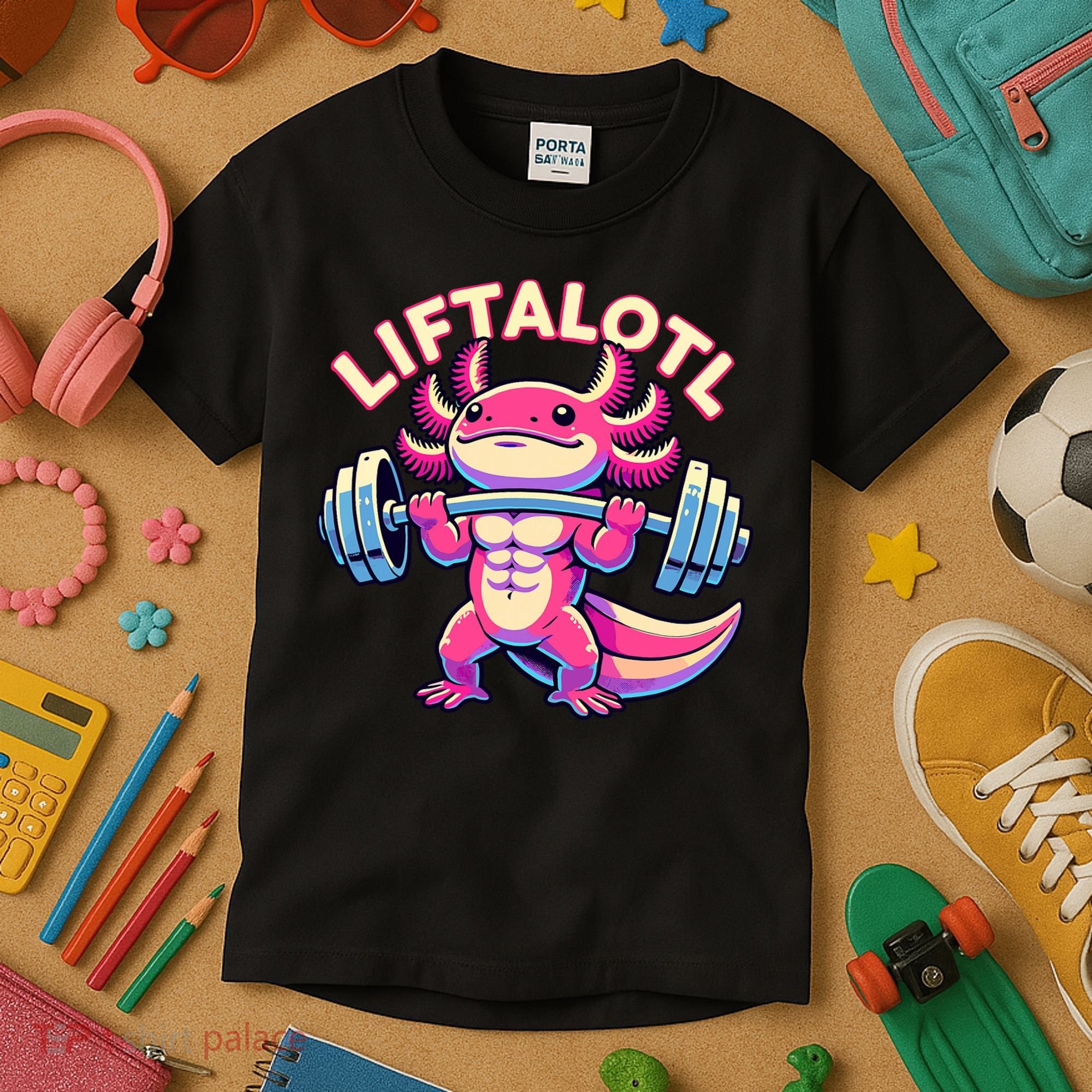 Fitness, Weight Lifting Training, Workout, Axolotl LIFTALOTL Kids T-Shirt