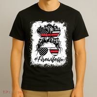 Fire Wife Life Firefighter 4th Of July US Messy Bun Bleached T-Shirt thumb 3