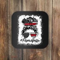 Fire Wife Life Firefighter 4th Of July US Messy Bun Bleached Coaster thumb 0