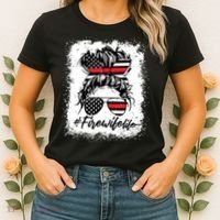 Fire Wife Life Firefighter 4th Of July US Messy Bun Bleached Women's T-Shirt thumb 2