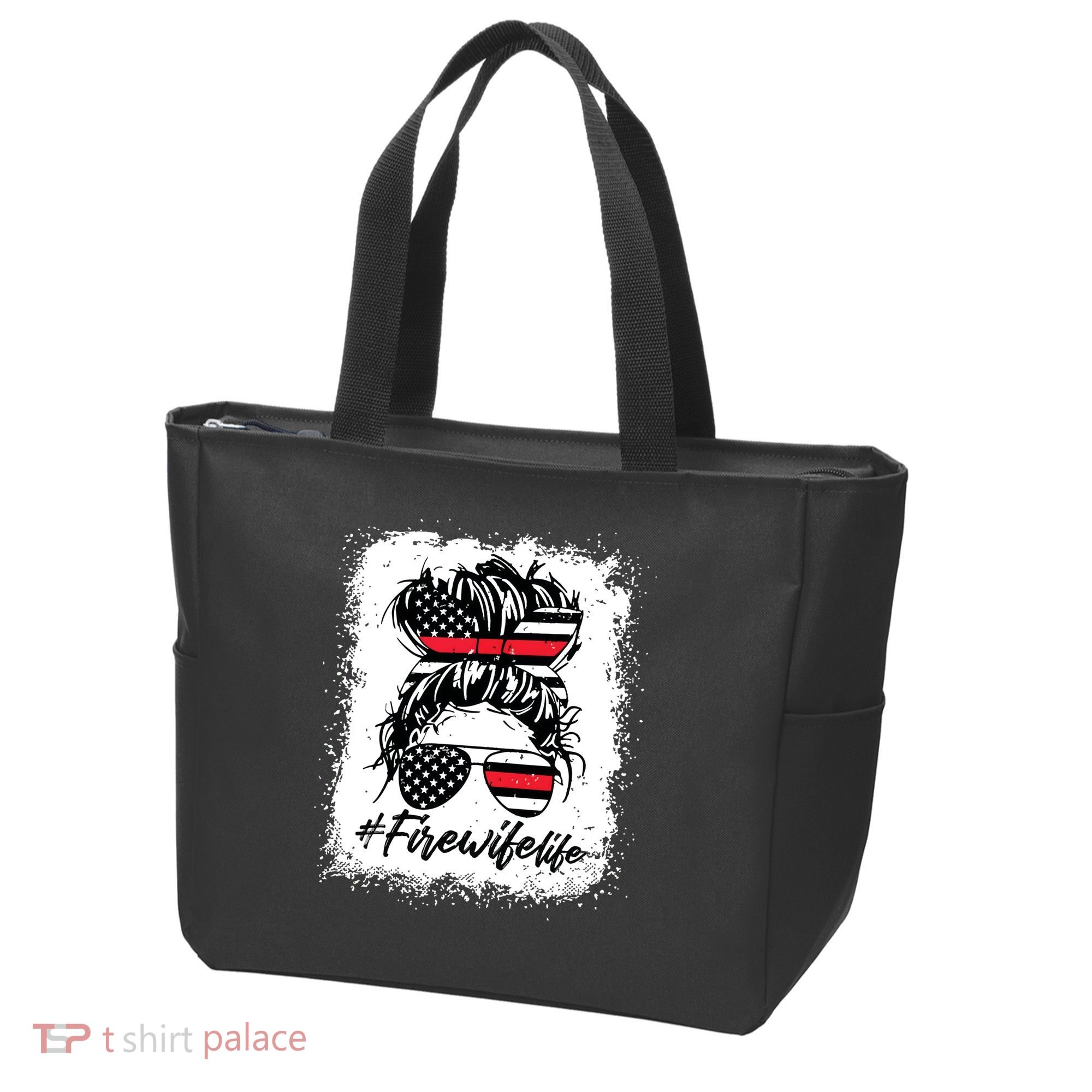 Fire Wife Life Firefighter 4th Of July US Messy Bun Bleached Tote Bag