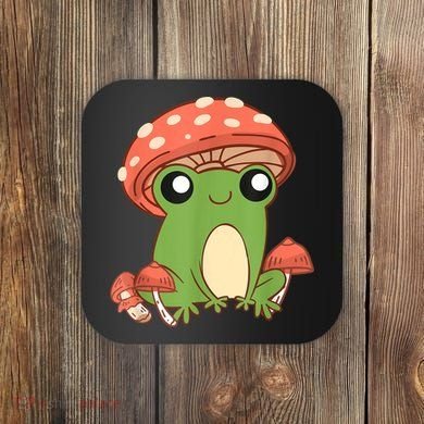 Frog With Mushroom Hat Cute Cottagecore Aesthetic Coaster
