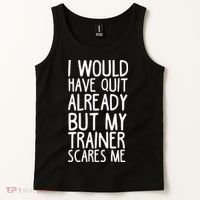 Funny Workout My Trainer Scares Me Funny Gym Tank Top thumb 2