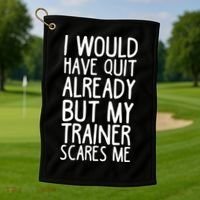 Funny Workout My Trainer Scares Me Funny Gym Golf Towel thumb 1