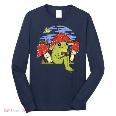Frog With Mushroom Hat Cottagecore Goblincore Book Lover Long Sleeve Shirt