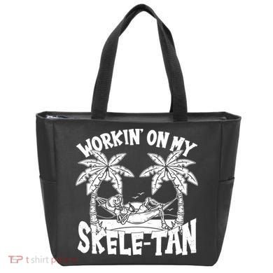 Funny Workin On My Skele Tan Vacation Skeleton Tote Bag