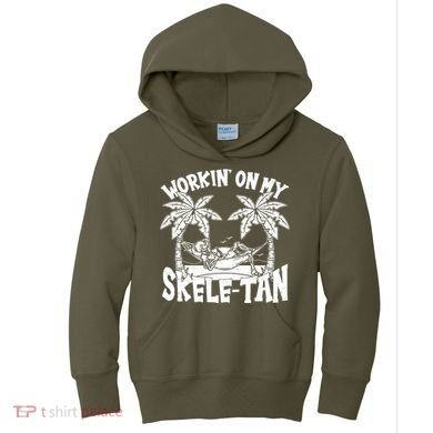 Funny Workin On My Skele Tan Vacation Skeleton Kids Hoodie