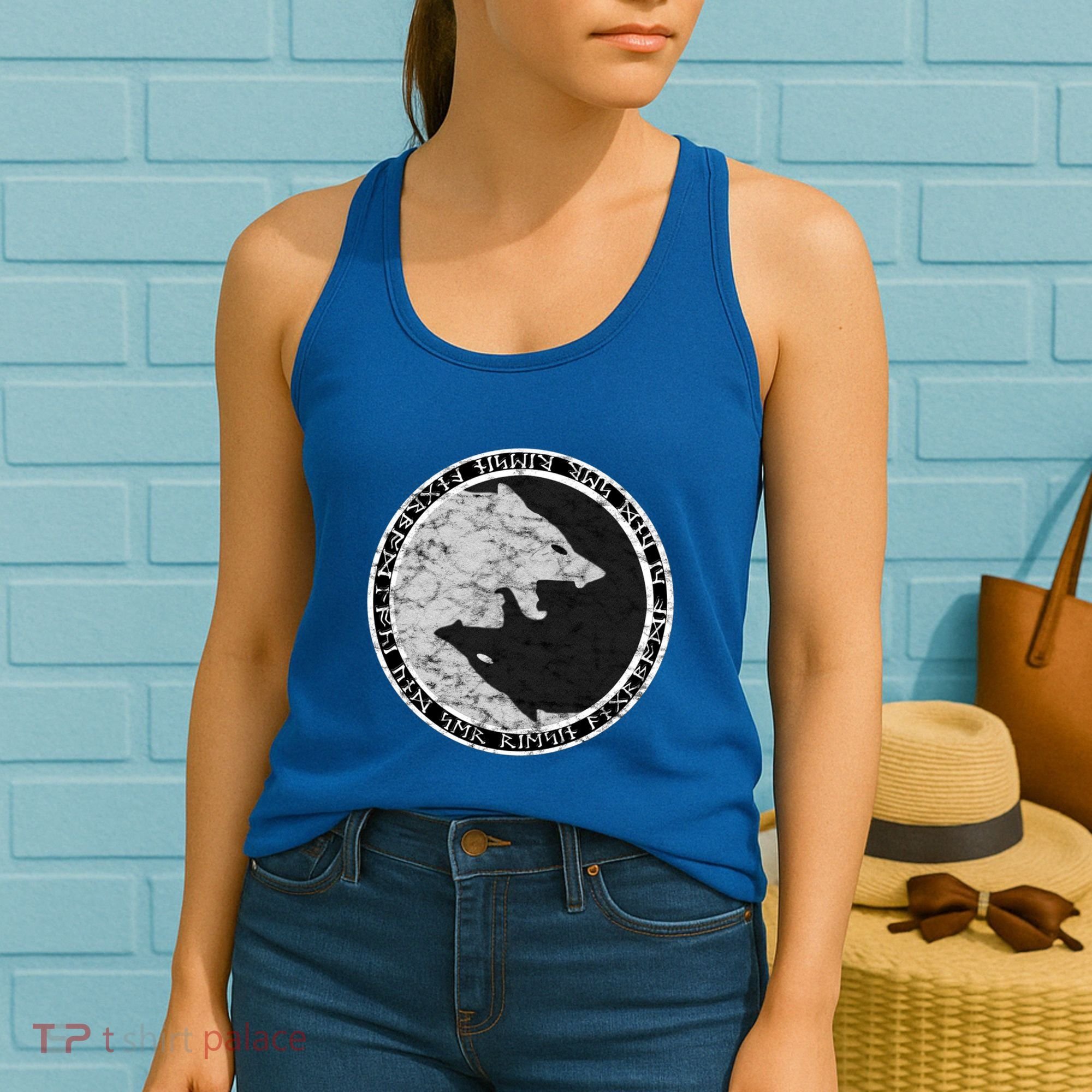 Fenrir Wolf Of Odin With Norse Runes Distressed Great Gift Women's Tank Top
