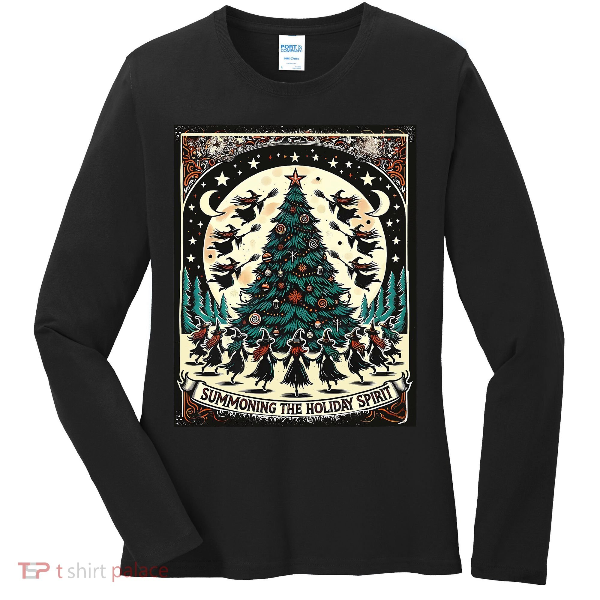Funny Witches Summoning The Holiday Spirit Spooky Christmas Women's Long Sleeve Shirt