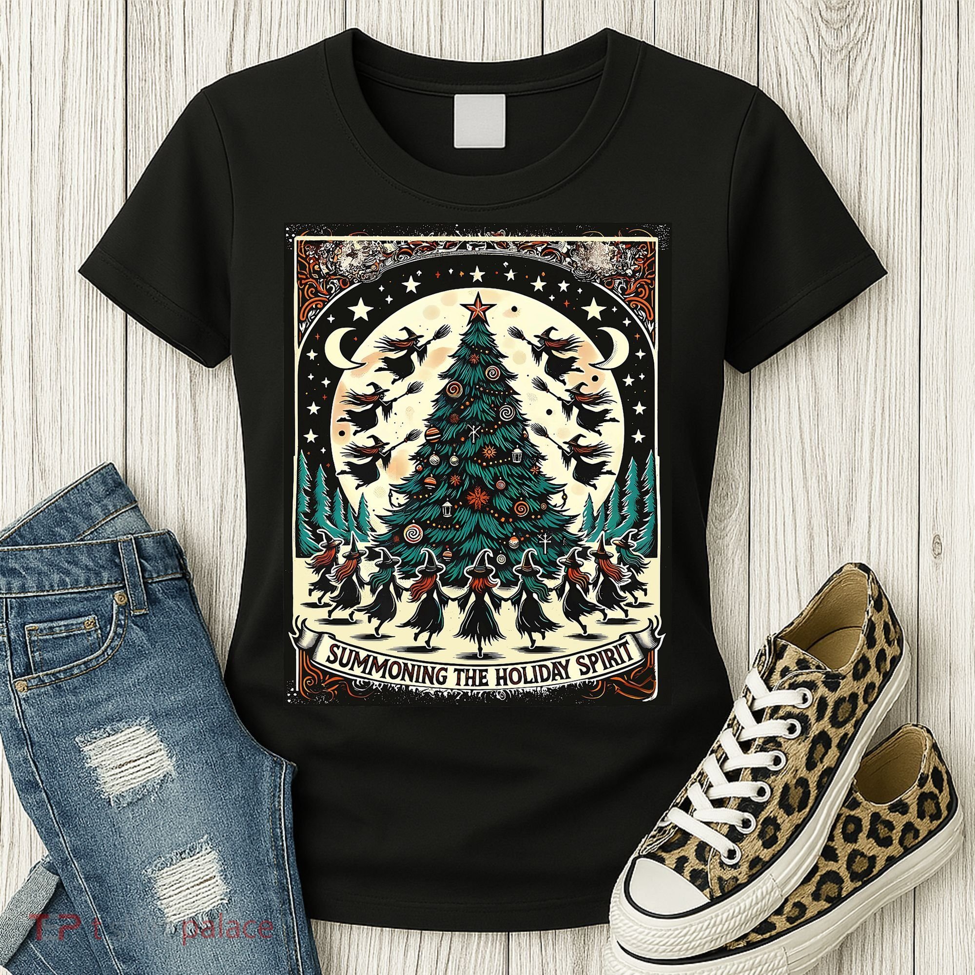 Funny Witches Summoning The Holiday Spirit Spooky Christmas Women's T-Shirt