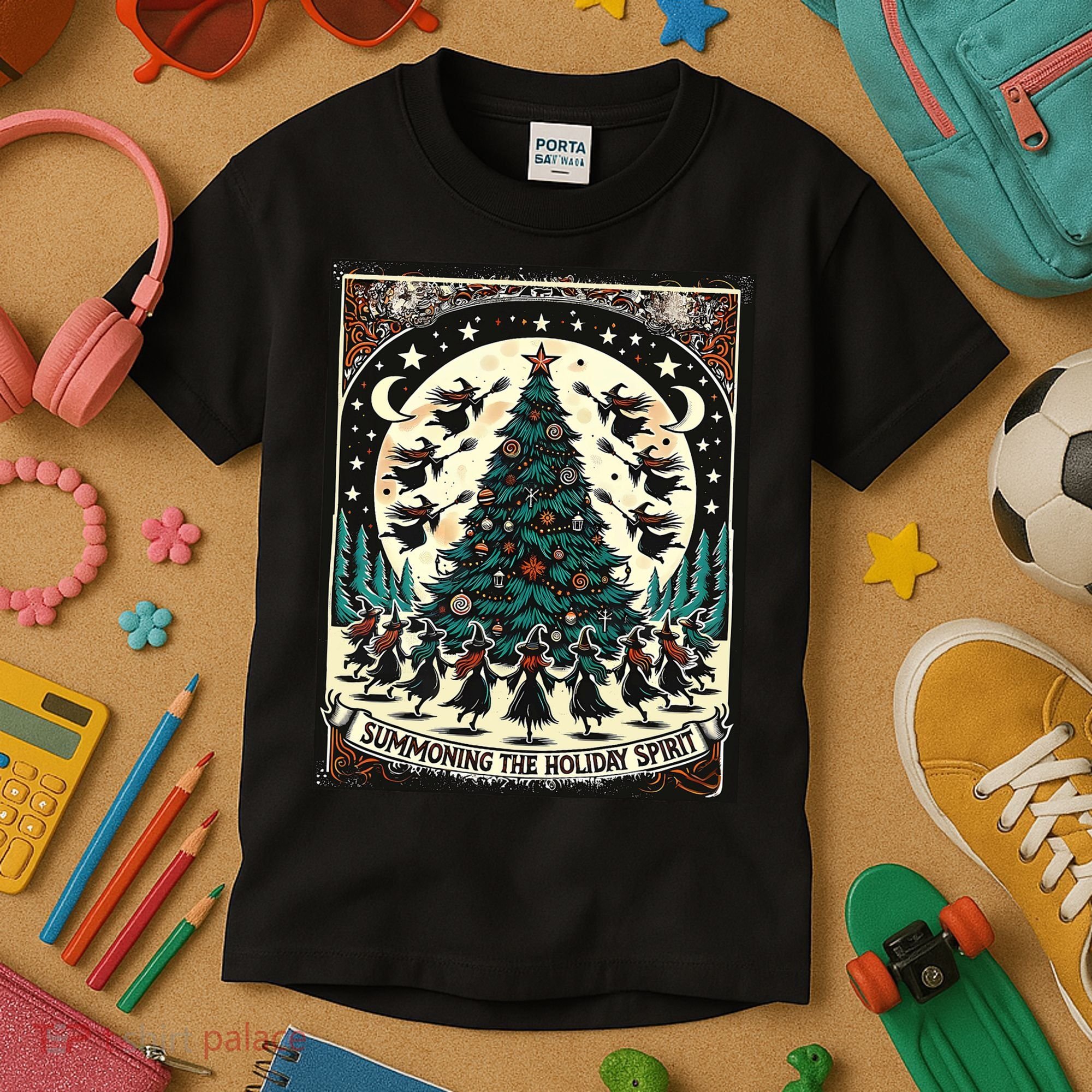 Funny Witches Summoning The Holiday Spirit Spooky Christmas Kids T-Shirt