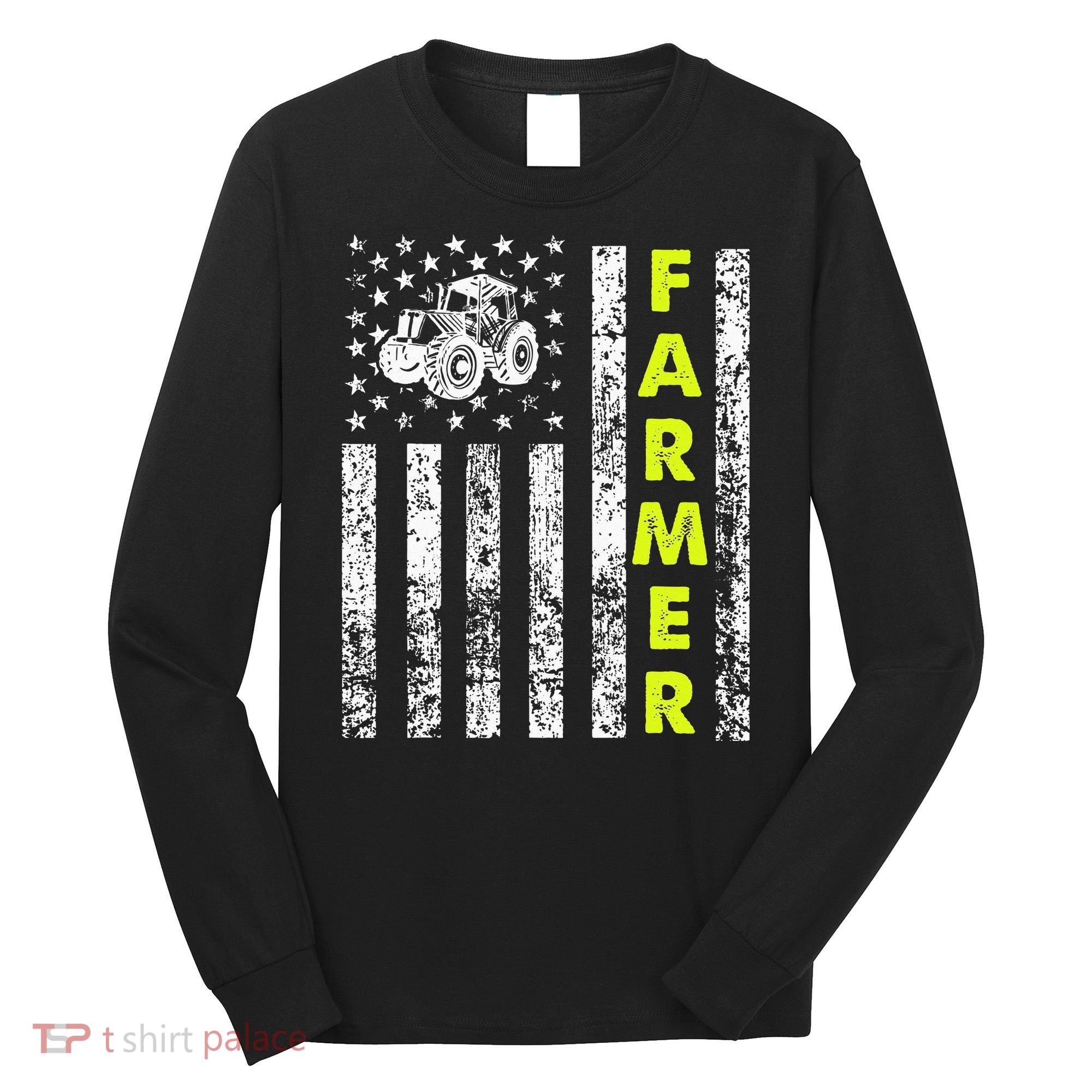 Flag With Tractor Patriotic Farmer Long Sleeve Shirt