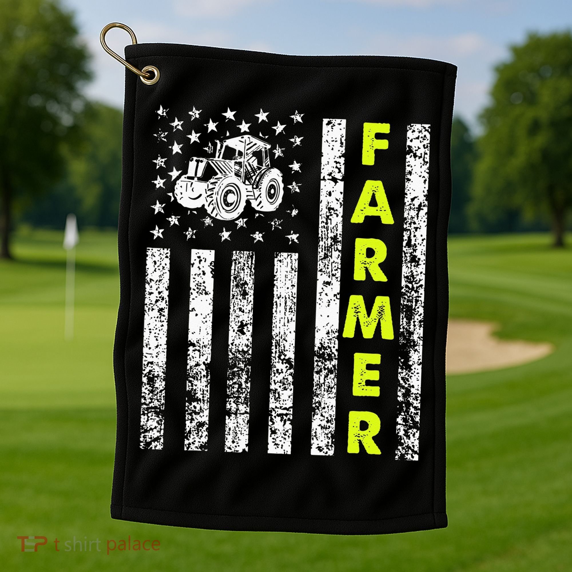 Flag With Tractor Patriotic Farmer Golf Towel