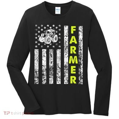 Flag With Tractor Patriotic Farmer Women's Long Sleeve Shirt