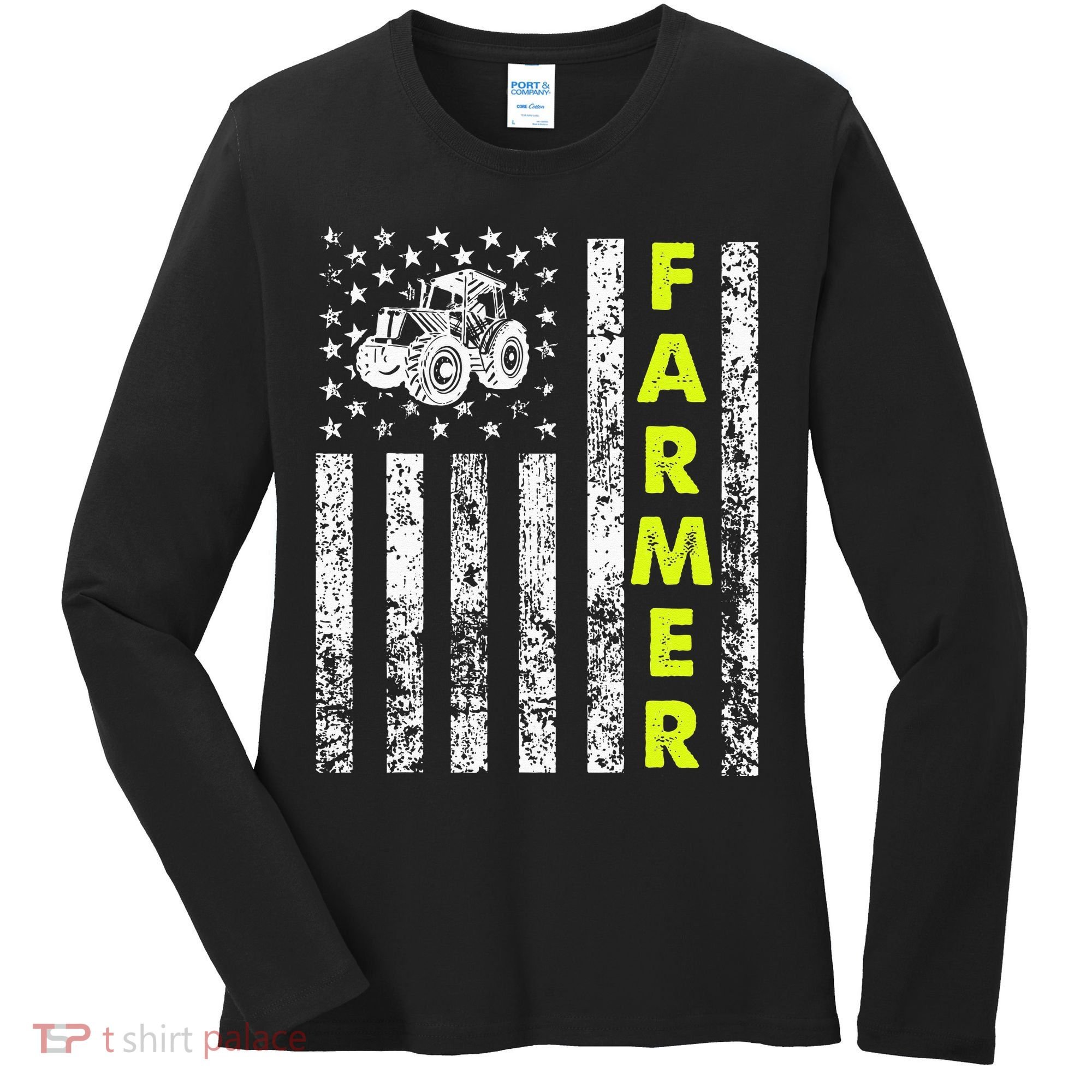 Flag With Tractor Patriotic Farmer Women's Long Sleeve Shirt