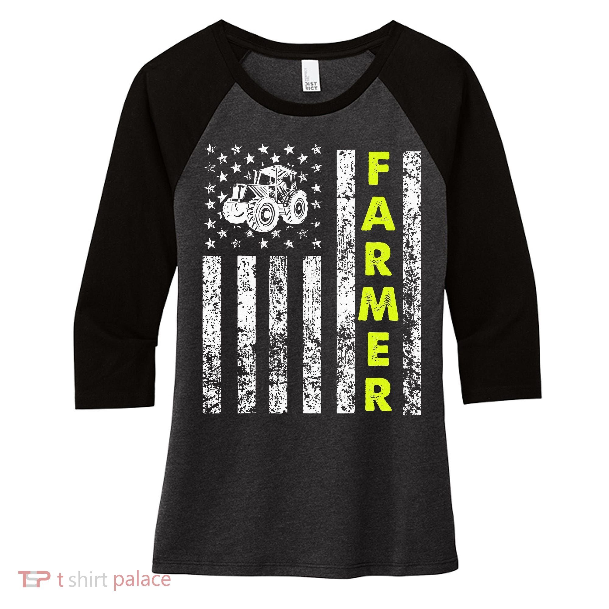 Flag With Tractor Patriotic Farmer Women's Tri-Blend 3/4-Sleeve Raglan Shirt