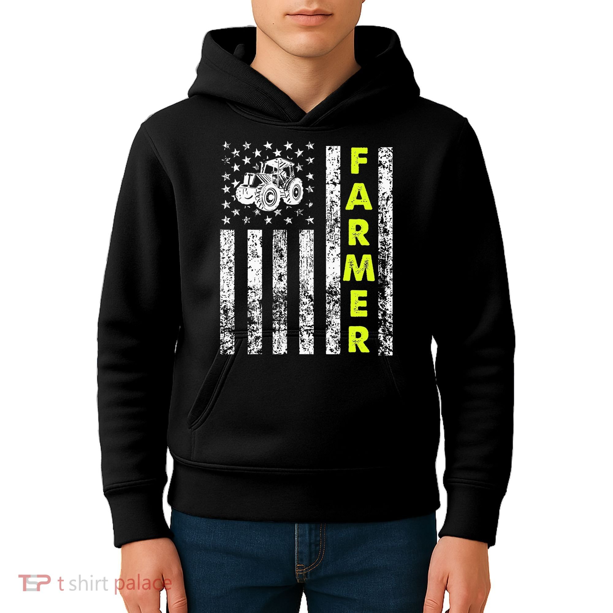 Flag With Tractor Patriotic Farmer Kids Hoodie