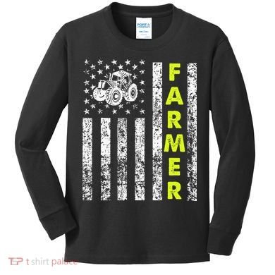 Flag With Tractor Patriotic Farmer Kids Long Sleeve Shirt
