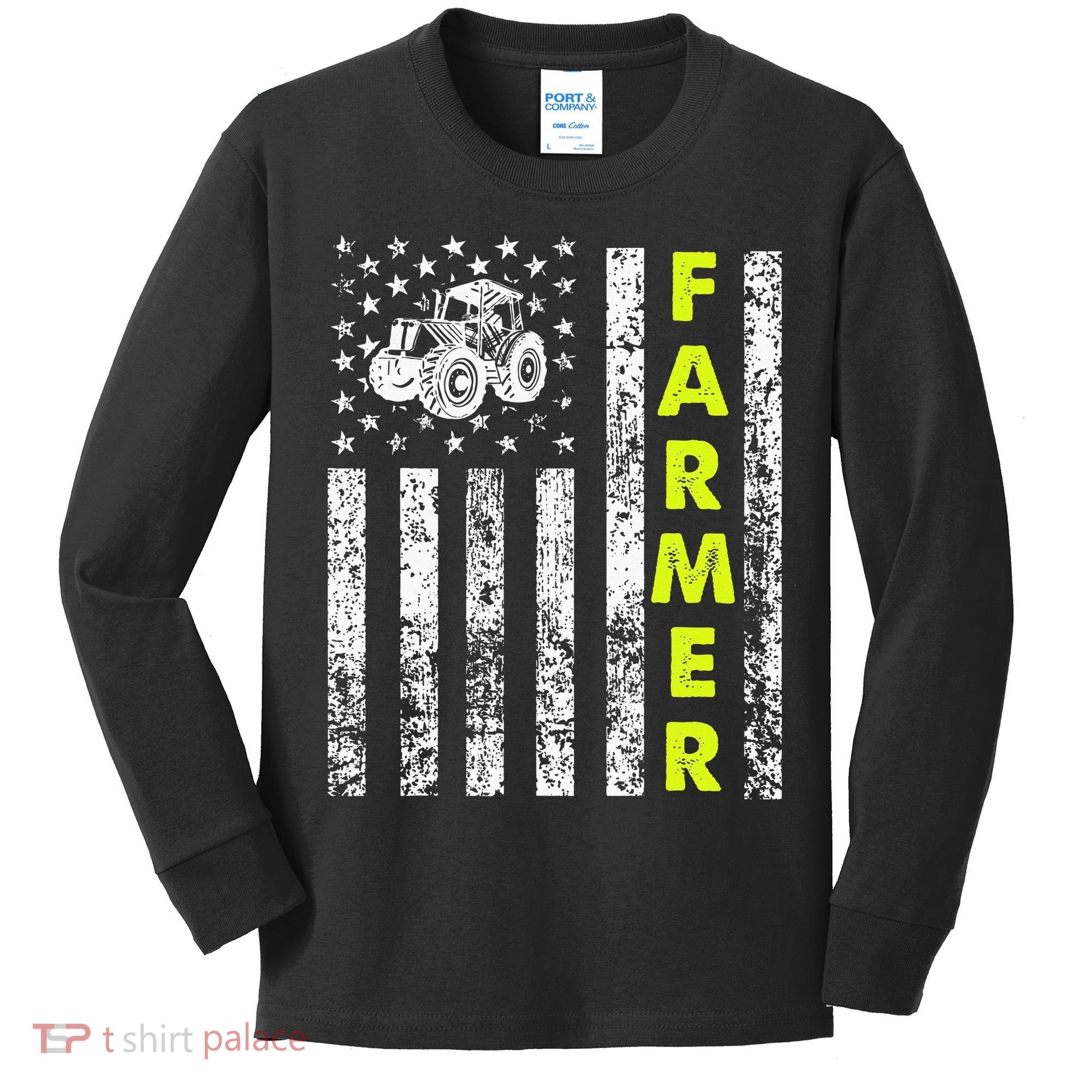 Flag With Tractor Patriotic Farmer Kids Long Sleeve Shirt