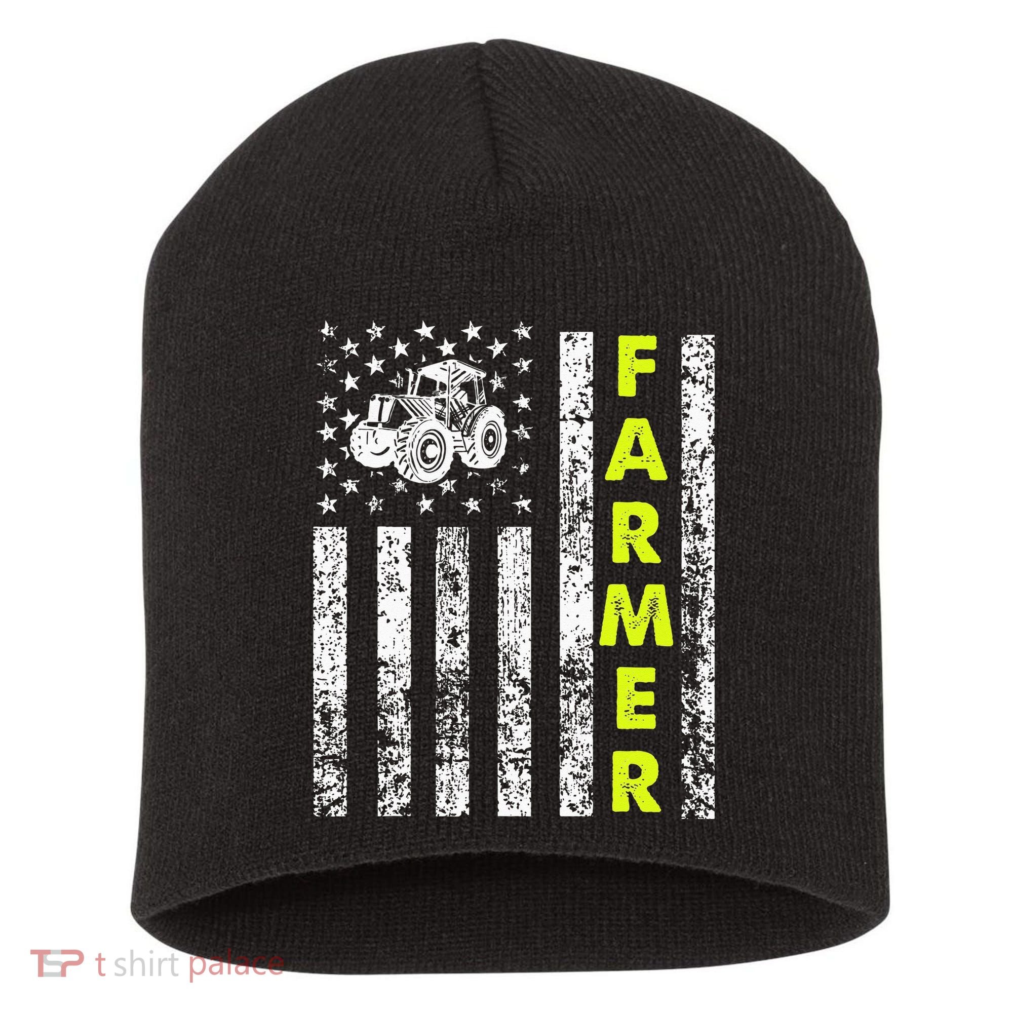 Flag With Tractor Patriotic Farmer Short Acrylic Beanie