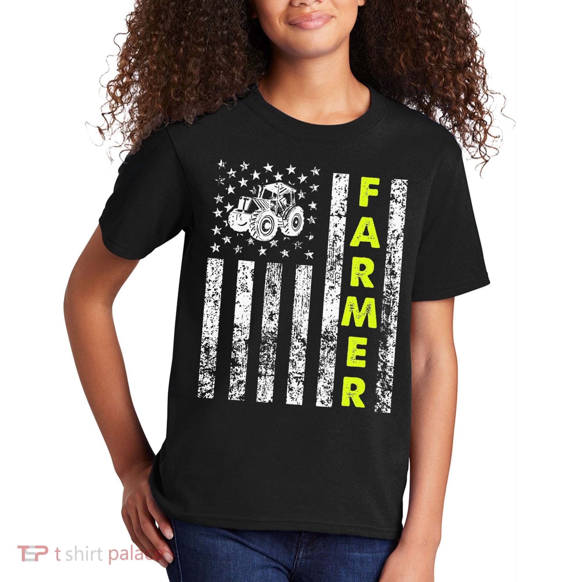 Flag With Tractor Patriotic Farmer Kids T-Shirt