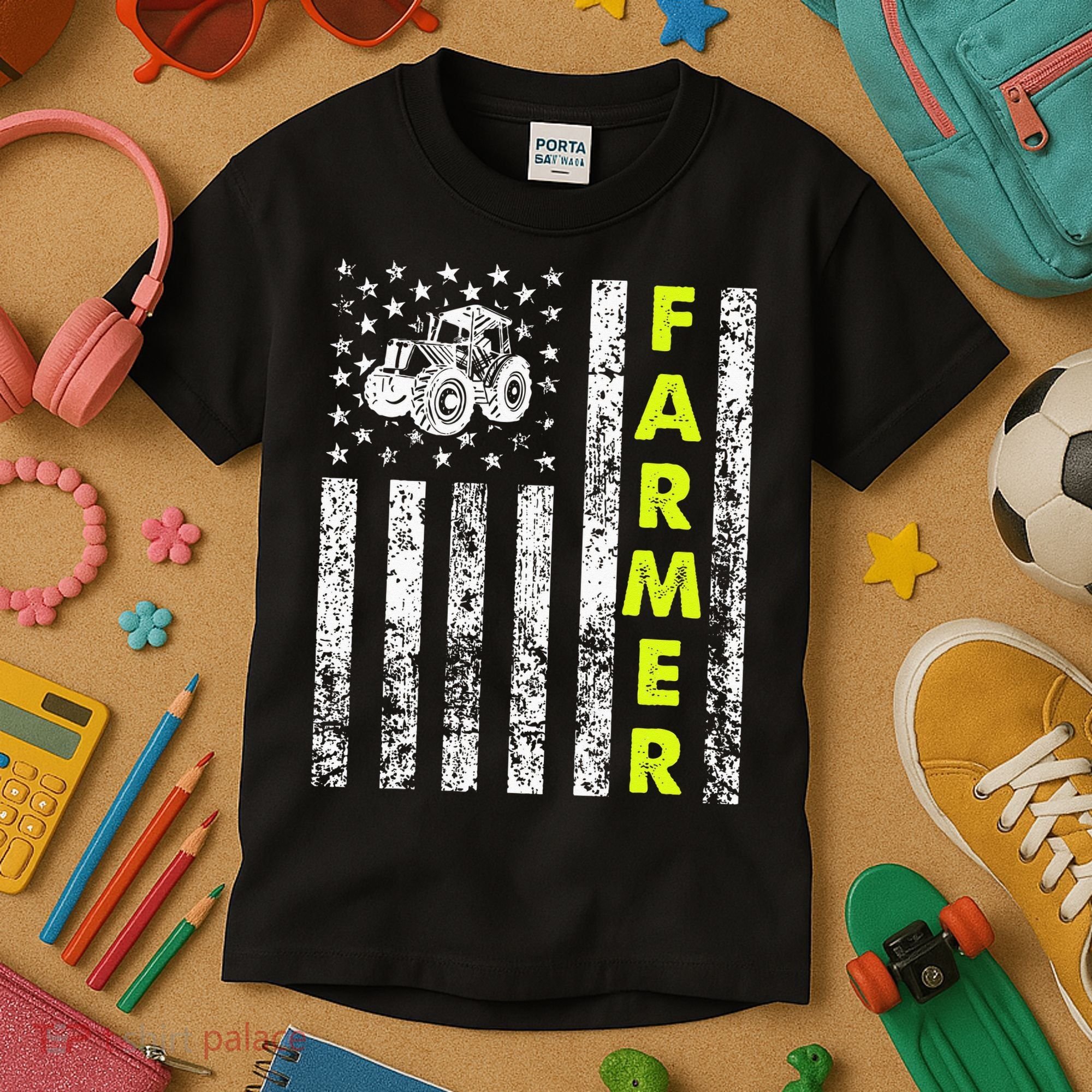 Flag With Tractor Patriotic Farmer Kids T-Shirt