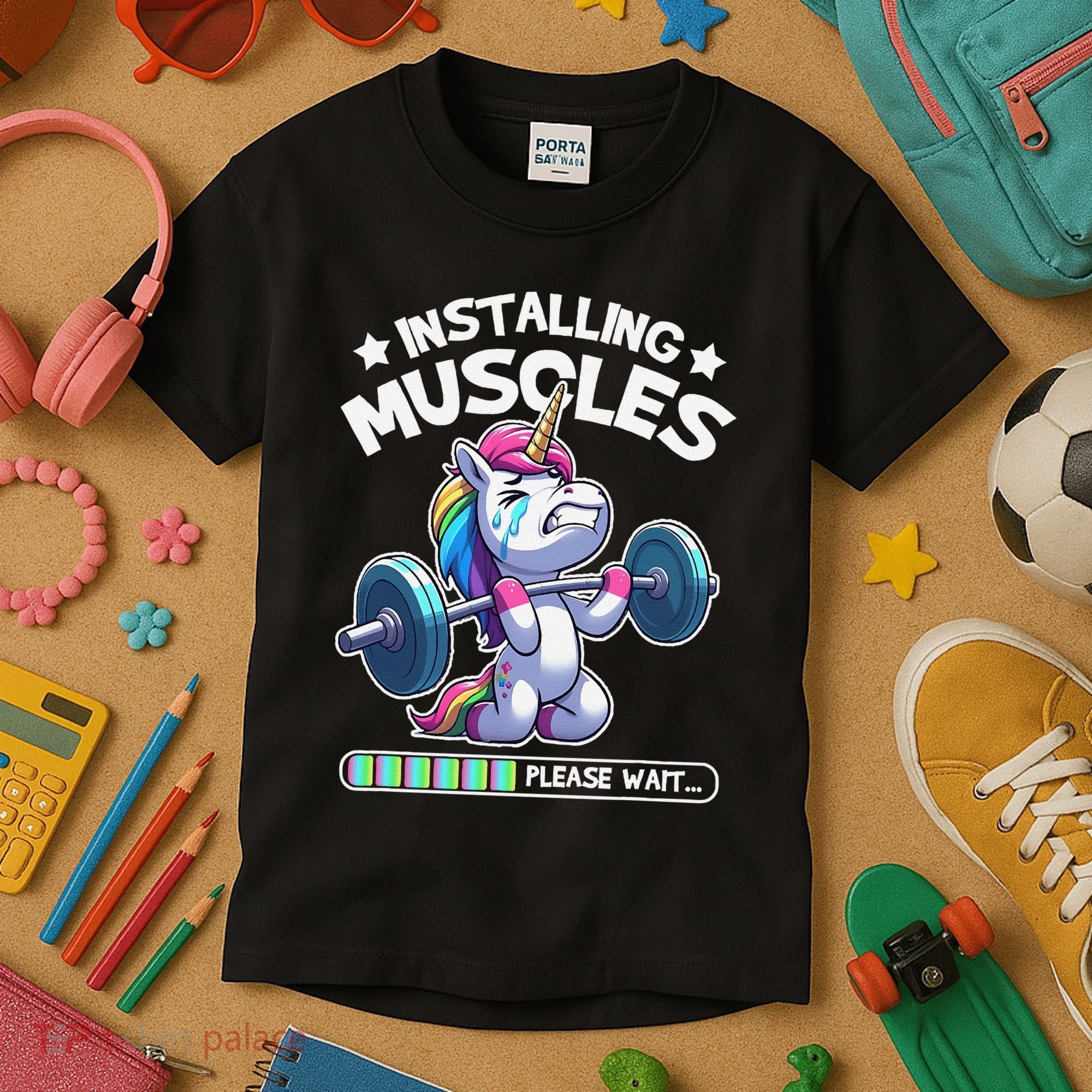 Fitness Weightlifting Unicorn Gym Workout Weight Training Kids T-Shirt
