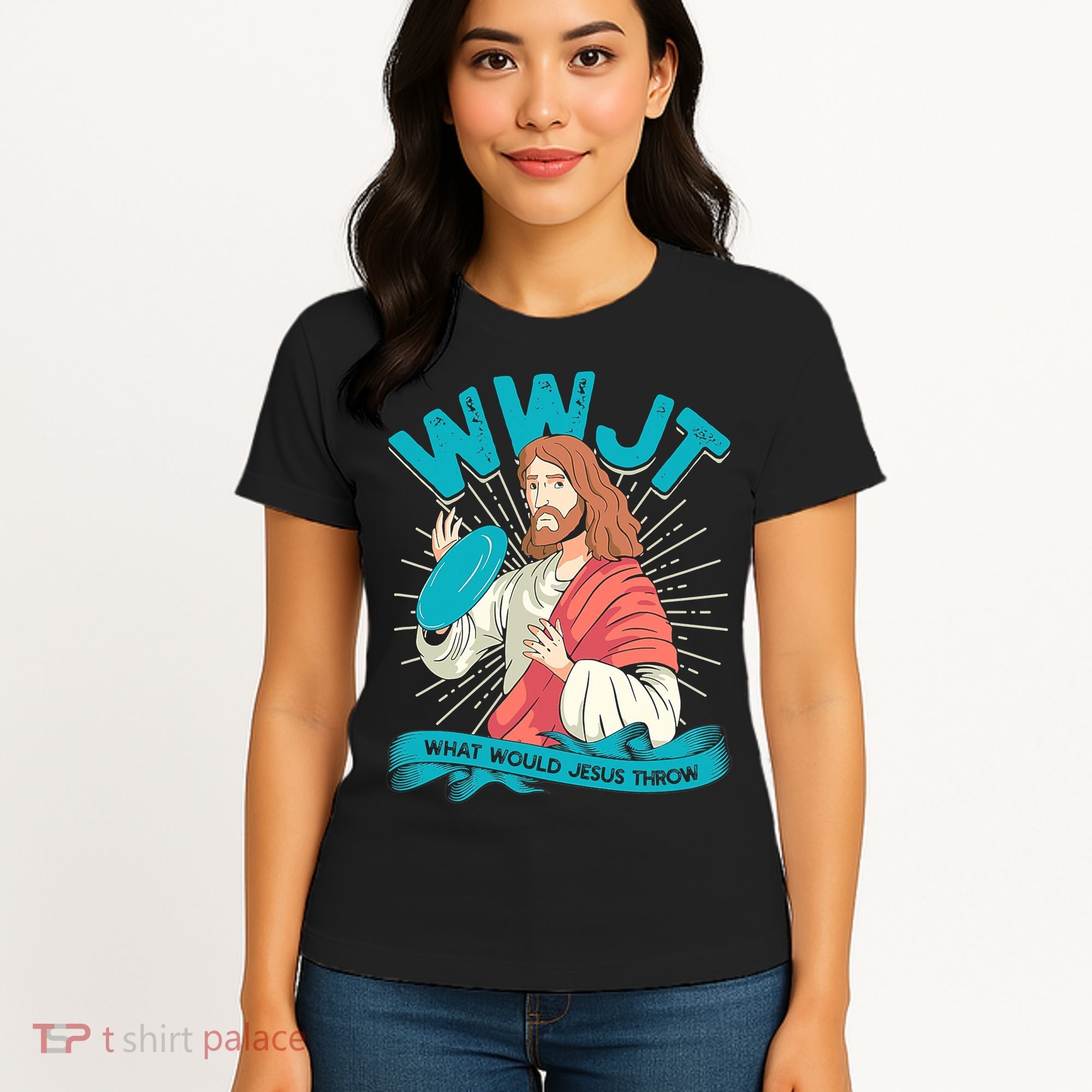 Funny WWJT What Would Jesus Throw Frisbee Disc Golf Sport Women's T-Shirt