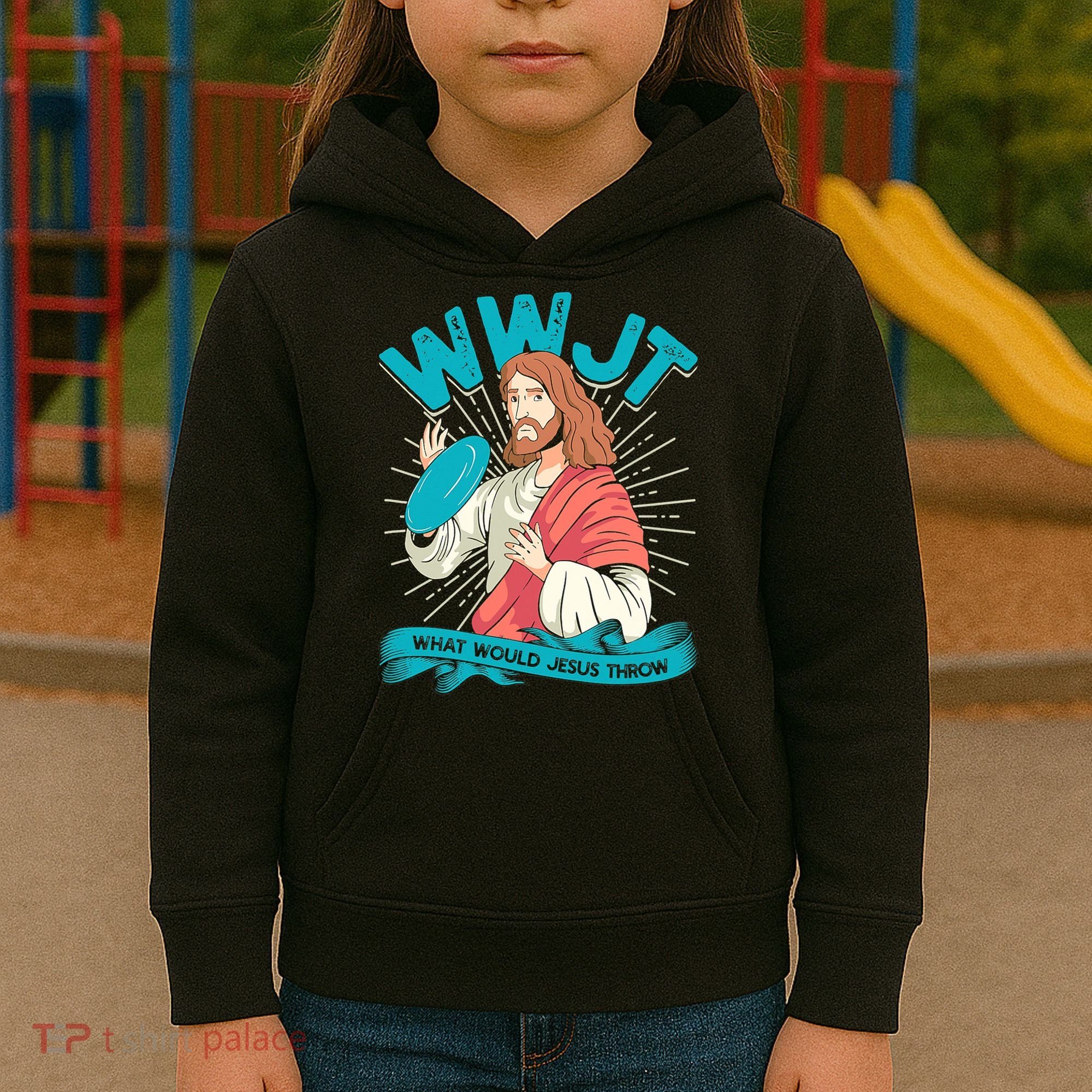 Funny WWJT What Would Jesus Throw Frisbee Disc Golf Sport Kids Hoodie