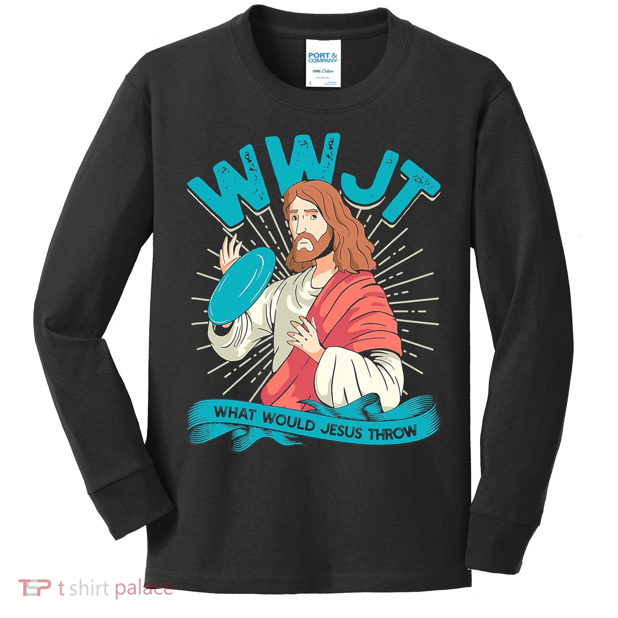 Funny WWJT What Would Jesus Throw Frisbee Disc Golf Sport Kids Long Sleeve Shirt