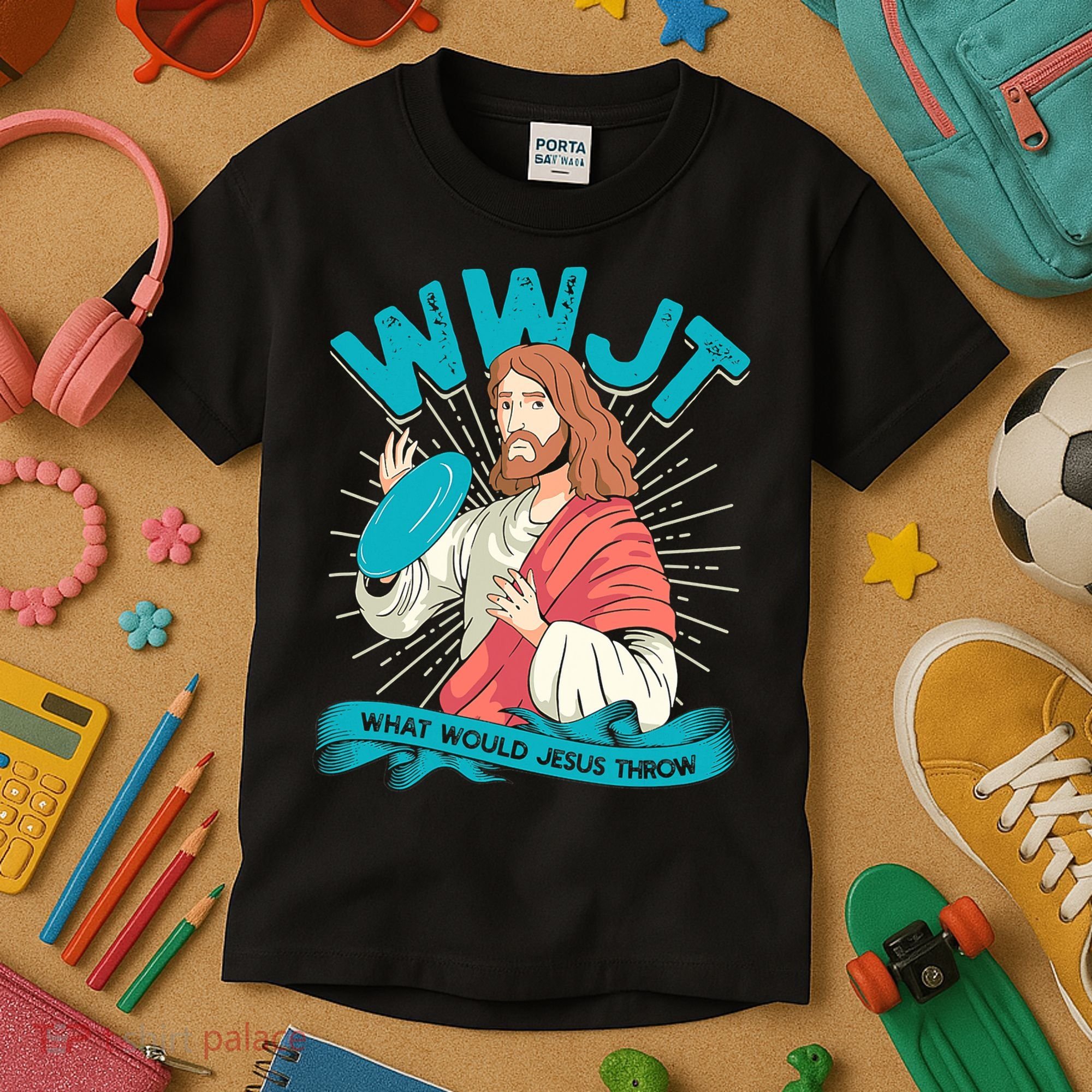 Funny WWJT What Would Jesus Throw Frisbee Disc Golf Sport Kids T-Shirt