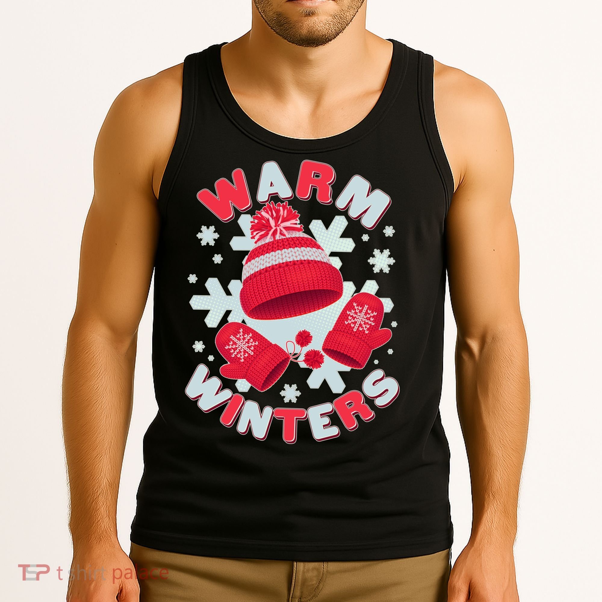 Festive Warm Winter Knit Hat And Gloves Tank Top