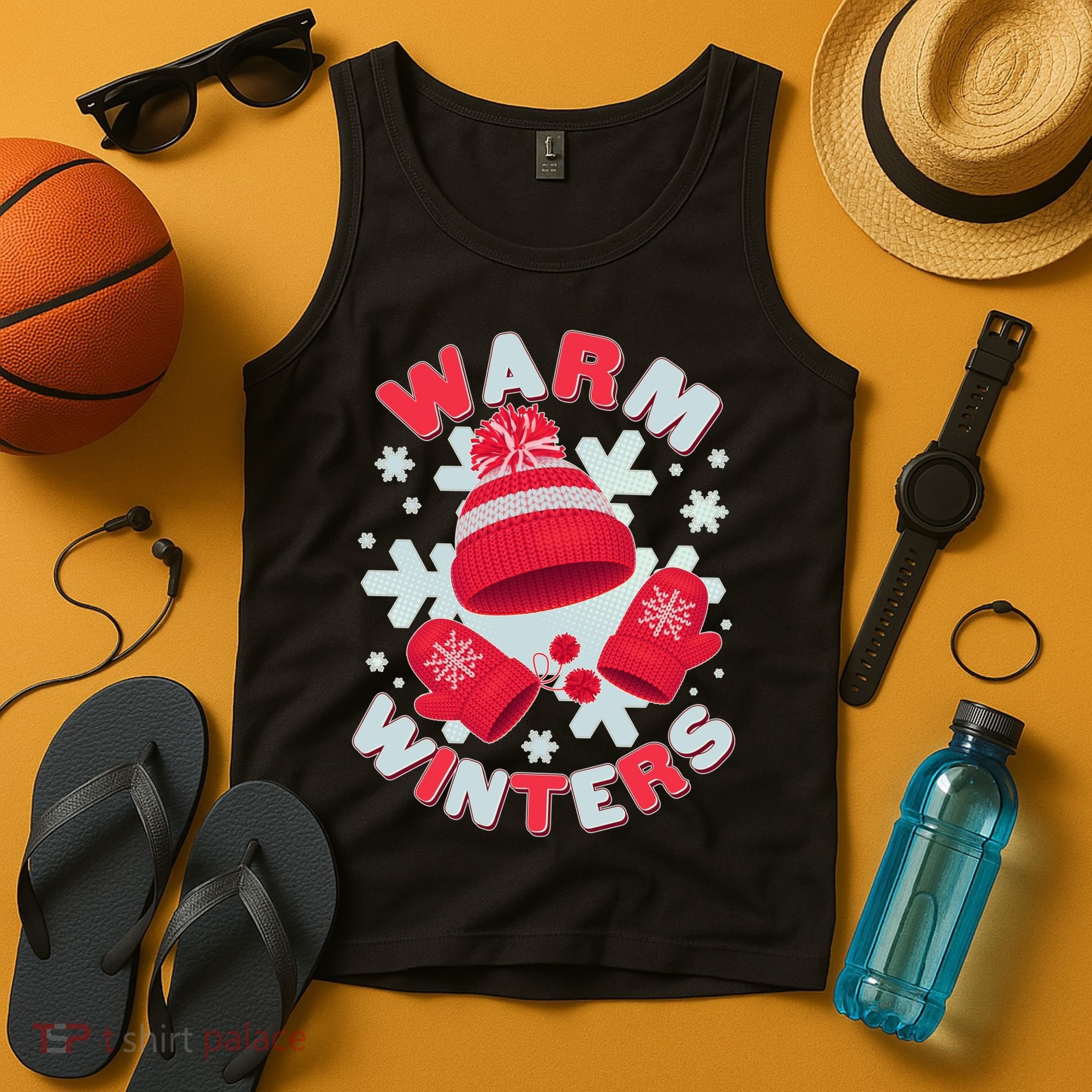 Festive Warm Winter Knit Hat And Gloves Tank Top